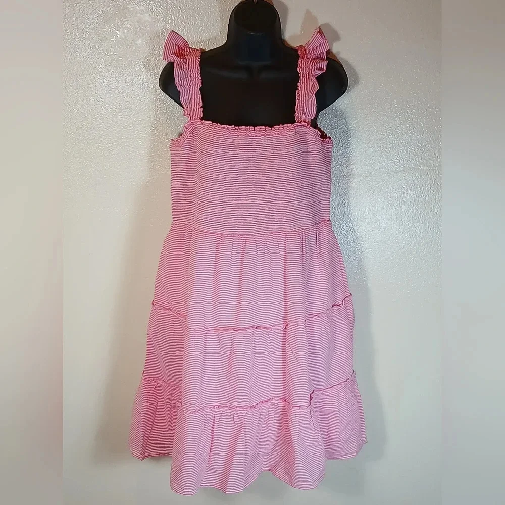 J Crew Striped smocked tiered mini dress in pink/white size Large - Picture 3 of 13